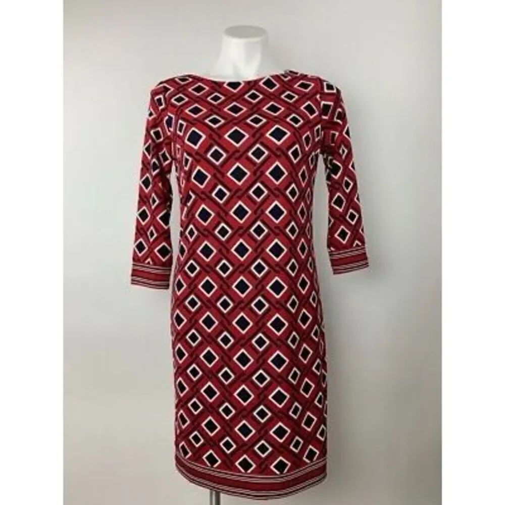 Talbots Women's 2X Elbow Sleeve Sheath Dress Red Black Diamond Print Office